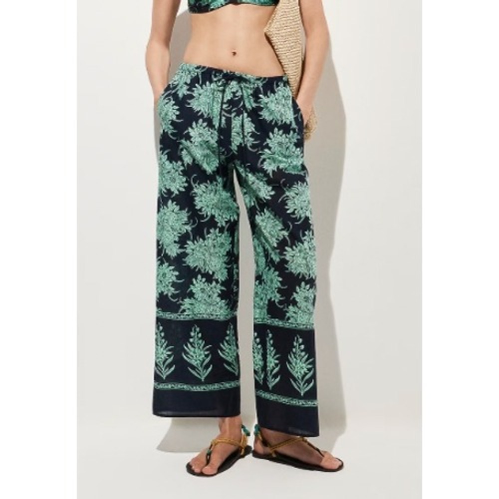 J.Crew Pineapple Floral Wide Leg Cotton Pants Navy Mint XL CU285 NWT